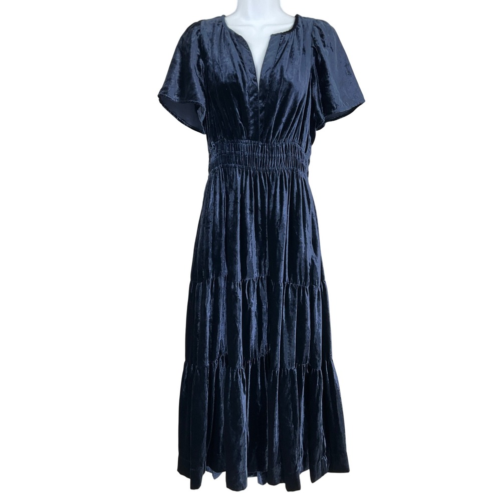 Anthropologie Velvet Tiered Dress Navy Blue Flutter Sleeve‎ V Neck Smocked Sz S